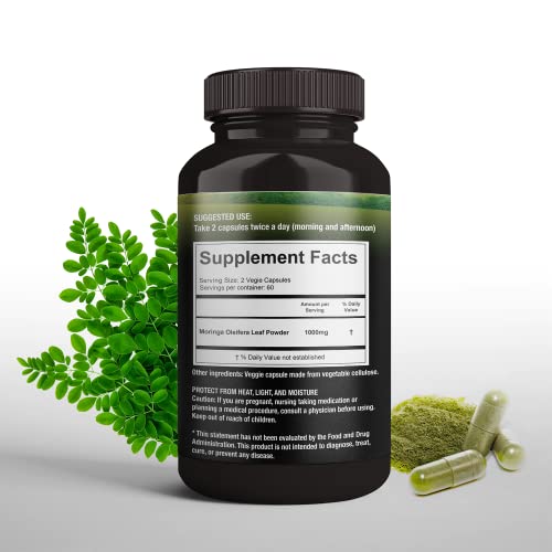 SUPREME HERBALS, 100% Raw and Pure Moringa Leaf Powder Capsules. Organic Certified Moringa Leaf. Natural Superfood with Essential Amino Acids