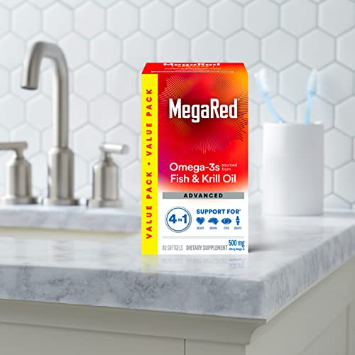 Megared Omega-3 Fish Oil + High Absorption Krill Oil 500mg Softgels, MegaRed Advanced 4in1 (80 count in a bottle) Concentrated Omega-3 Fish
