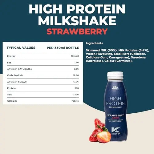 Kinetica Ready-to-Drink Protein Shake, 12 X 330mls, 165 cals, 25g Protein per Bottle, Low Fat (Strawberry) Kinetica Au supplements
