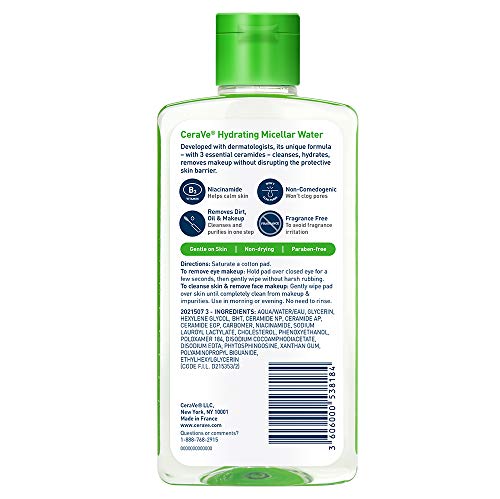 CeraVe Micellar Water, Hydrating Facial Cleanser & Eye Makeup Remover with Niacinamide, Ceramides & Glycerin