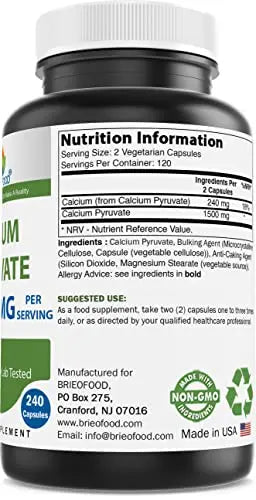 Brieofood Calcium Pyruvate 1500mg per Serving - 240 Vegetarian Capsules Brieofood Au supplements