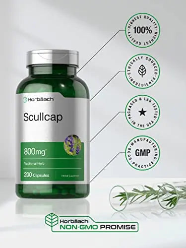 Scullcap Capsules | 800 mg | 200 Count | Max Potency, Value Size | Non-GMO and Gluten Horbäach Au supplements