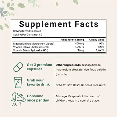 Magnesium Citrate 400mg with Vitamin D3 1000IU & B6, 240 Capsules Micro Ingredients Au supplements