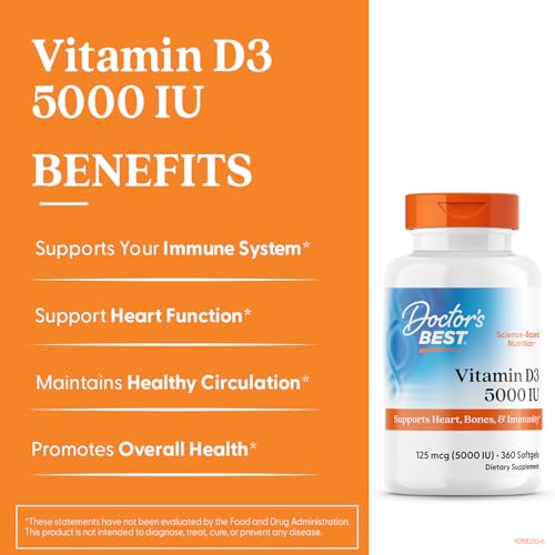 Doctor's Best Vitamin D3 5000 IU Softgels for Men & Women - Vitamin D Supplement for Immune System & Heart Health Support, 125 mcg per Serving, VIT D 3