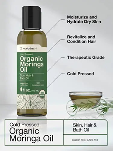 Organic Moringa Oil | 4 fl oz | for Face, Hair, and Skin | 100% Therapeutic Grade | Paraben Horbäach Au supplements