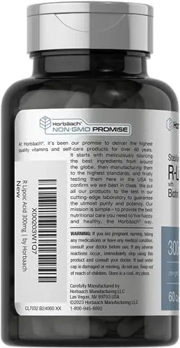Stabilized R-Lipoic Acid 300mg | 60 Capsules | with Biotin Optimizer | Non-GMO, Gluten Horbäach Au supplements