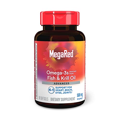 Megared Omega-3 Fish Oil + High Absorption Krill Oil 500mg Softgels, MegaRed Advanced 4in1 (80 count in a bottle) Concentrated Omega-3 Fish