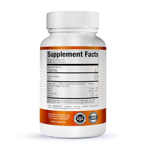 VITASEI Salmoflex Marine Collagen Peptides Pills W/Hyaluronic Acid, Vitamin C, D, E | Salmon Supplements - Hair, Skin, Nails | Multivitamin for Women & Men | Knee, Joint Relief - 60 Capsules VITASEI Au supplements