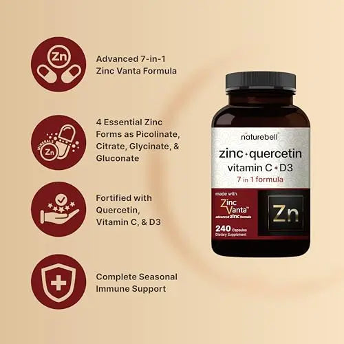 NatureBell Zinc Quercetin with Vitamin C & D3, 240 Capsules | Quercetin 1,000mg, 4 in 1 Zinc 50mg, Vitamin C 250mg, Vitamin D3 5,000 IU – ZincVanta Advanced Immune Defense & Lung Support NatureBell Au supplements