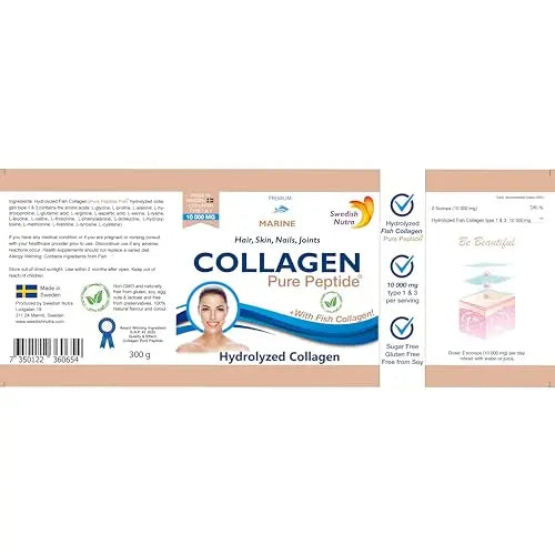 Swedish Nutra Powder Marine Collagen - Pack of 300g, 30 Day Supply | Minimize Fine Lines, Wrinkles & Improve Skin Elasticity | High Absorption Rate Swedish Nutra Au supplements