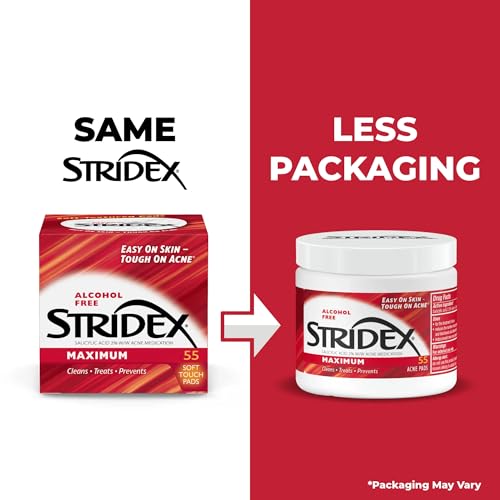 Stridex Medicated Acne Pads, Maximum, 55 Count – Facial Cleansing Wipes, Alcohol Free