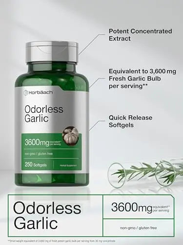 Odorless Garlic Softgels | 250 Count | Ultra Potent Garlic Extract | Non-GMO & Gluten Free Horbäach Au supplements