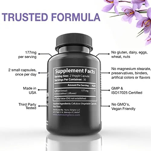 Nutra Simple Saffron Supplements 177mg, Pure Saffron Extract, Made in USA, Natural Nutra Simple Au supplements