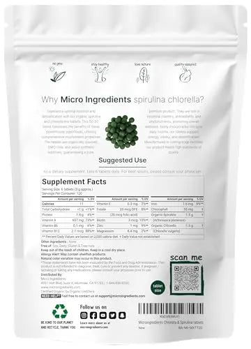 Organic Chlorella Spirulina Tablets, 3000mg Per Serving, 720 Counts, 4 Months Supply Micro Ingredients Au supplements