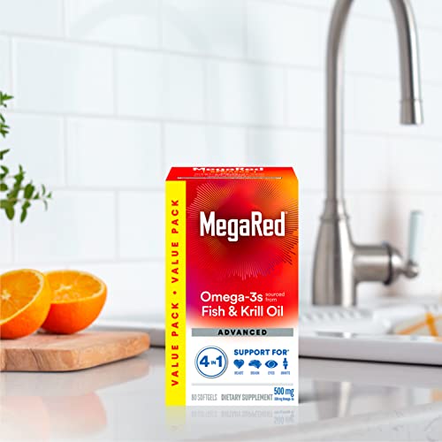 Megared Omega-3 Fish Oil + High Absorption Krill Oil 500mg Softgels, MegaRed Advanced 4in1 (80 count in a bottle) Concentrated Omega-3 Fish