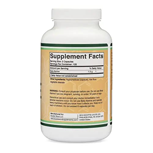 Beta Alanine Powder Capsules (Bulk Jar 240 Pills, 1.5 Gram Servings) Stimulant Free Pre Double Wood Supplements Au supplements