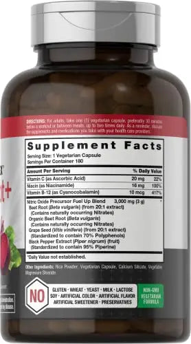 Nitric Oxide Beet Root Capsules | with Nitrates | 180 Count | Nitric Oxide Precursor | Vegetarian Horbäach Au supplements