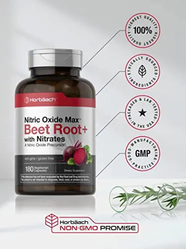 Nitric Oxide Beet Root Capsules | with Nitrates | 180 Count | Nitric Oxide Precursor | Vegetarian Horbäach Au supplements