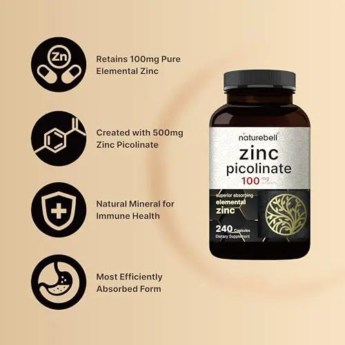 High Potency Zinc Picolinate 100mg - 240 Capsules, Bioavailable Form of Zinc NatureBell Au supplements