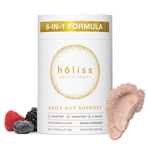 HOLISS Daily Gut Health Kit – 6-in-1 All Natural Supplement, Bloat & Gas Aid, GI Lining Repair, IBS Support – Lemon Balm, L-Glutamine, PepZinGI, Mixed Berry, 30 Servings, Electric Mixer & Spoon HOLISS Au supplements