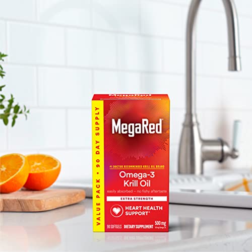 MegaRed Antarctic Krill Oil 500mg Omega 3 Fatty Acid Supplement, Extra Strength EPA & DHA Krill Oil Softgels (90cnt Box), Astaxanthin