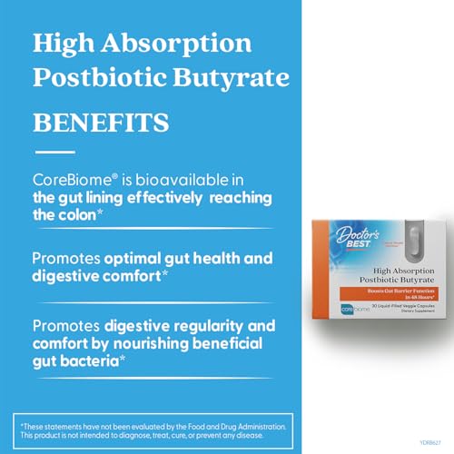 Doctor's BEST High Absorption Postbiotic Butyrate Featuring Corebiome, Gut & Immune Health, Non-GMO, Gluten Free, Soy Free, Vegan, 30 Liquid Veggie Caps Doctor's BEST Au supplements