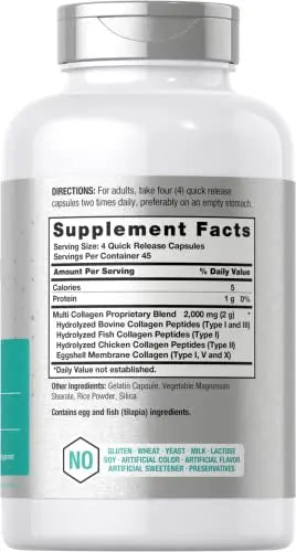 Multi Collagen Protein 2000 mg | 180 Capsules | Type I, II, III, V, X | Collagen Peptide Pills Horbäach Au supplements