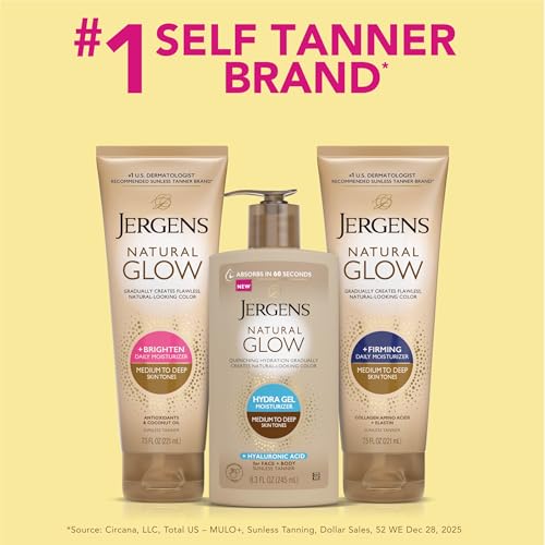 Jergens Natural Glow Hydra Gel Moisturizer, Hyaluronic Acid Tanning Lotion, Hydrating Tanning Gel, Fragrance-Free Self Tanner