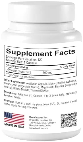 Dr.WellMe L-Tyrosine 500mg Capsules, Dietary supplements-120 Capsules DR WELLME NUTRITION Au supplements