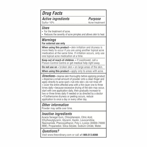The Ordinary Sulfur 10% Powder-to-Cream Acne Spot Treatment Concentrate, Reduces Pimple Size and Zit Redness, 0.18 Oz