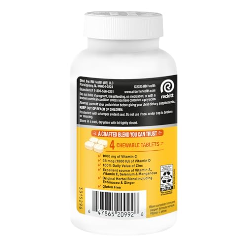 Airborne Vitamin C 1000mg (per Serving) - Citrus Chewable Tablets (116 Count in a Bottle), Gluten-Free Immune Support Supplement, with Vitamins A C E, Zinc, Selenium