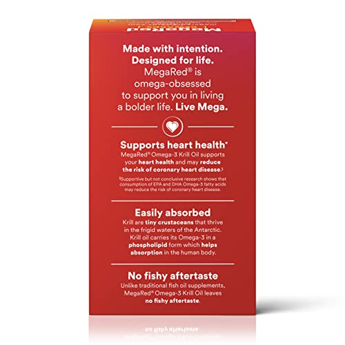 MegaRed Antarctic Krill Oil 500mg Omega 3 Fatty Acid Supplement, Extra Strength EPA & DHA Krill Oil Softgels (90cnt Box), Astaxanthin
