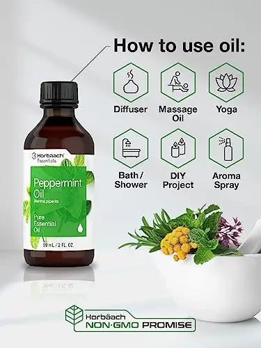 Horbaach Peppermint Oil | 2 fl oz | Pure Essential Spray | for Massage, Bath & Diffusers | Non-GMO Horbäach Au supplements