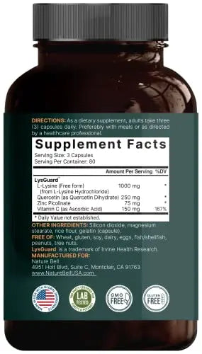 NatureBell L-Lysine 1000mg + Quercetin 250mg Supplement, 240 Capsules, Free Form NatureBell Au supplements