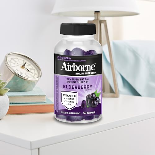 Airborne Elderberry + Zinc & Vitamin C Gummies For Adults, Immune Support Vitamin D & Zinc Gummies With Powerful Antioxidant Vitamins C D & E