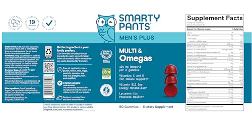 SmartyPants Men's Multivitamin Gummies with Omega 3 DHA/EPA, Methylfolate, Vitamin D3, C, B12, B6, A, K, Zinc