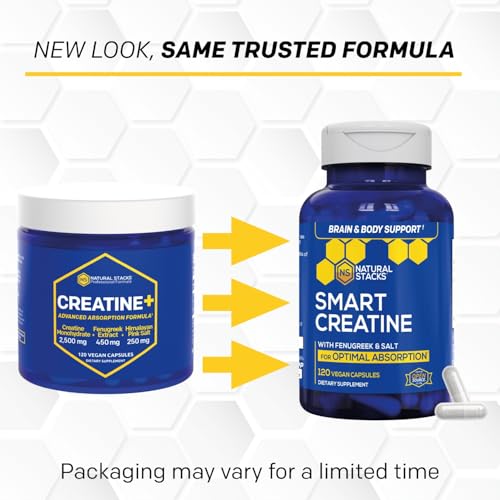 Creatine Monohydrate - 2500mg Creatine Pills - 450mg Fenugreek Extract & 250mg Himalayan Pink Salt - Supports Brain Health, Endurance & Muscle Building - Advanced Absorption Formula - 120 Capsules NATURAL STACKS Au supplements