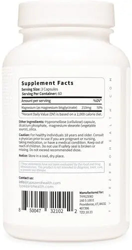 Type Zero Magnesium Glycinate (210mg | 180 Capsules) Pure, Non-GMO, Gluten Free Type Zero Au supplements