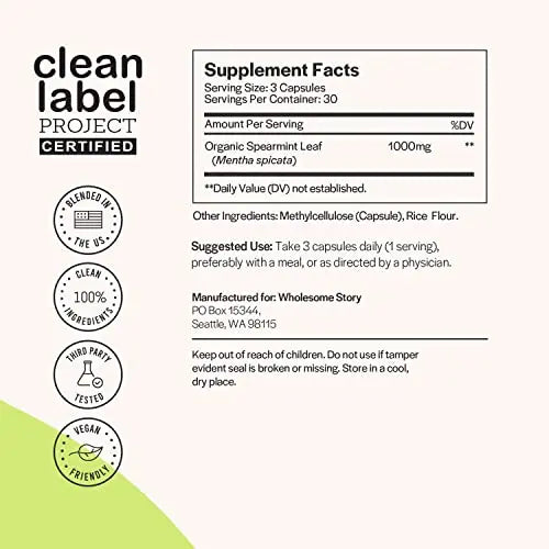 Organic Spearmint Capsules | Great Alternative to Spearmint Tea | 1000mg Spearmint Leaf Wholesome Story Au supplements