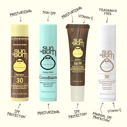 Sun Bum SPF 30 Sunscreen Lip Balm 3 Flavor Variety Pack - Coconut, Banana, Watermelon - Moisturizing Aloe Vera and Vitamin E