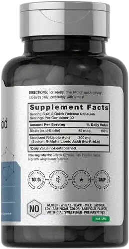 Stabilized R-Lipoic Acid 300mg | 60 Capsules | with Biotin Optimizer | Non-GMO, Gluten Horbäach Au supplements