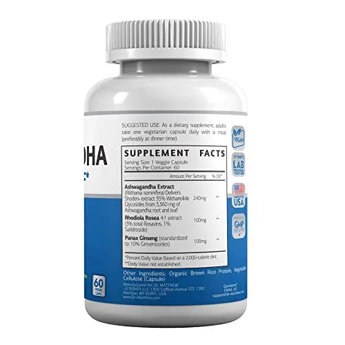 Aswagandha Vitamin Stress Relief Supplement. Cortisol Blocker Ashwagandha Capsules Dr. Matthew Au supplements