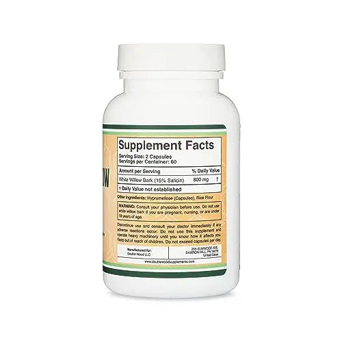 White Willow Bark Capsules 800mg per Serving, 120 Count (Willow Bark Extract Std. Double Wood Supplements Au supplements