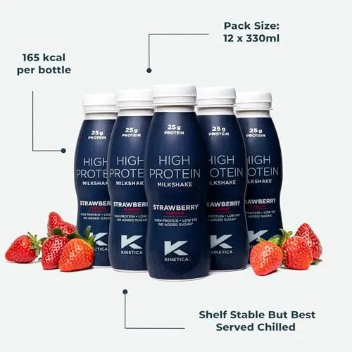 Kinetica Ready-to-Drink Protein Shake, 12 X 330mls, 165 cals, 25g Protein per Bottle, Low Fat (Strawberry) Kinetica Au supplements