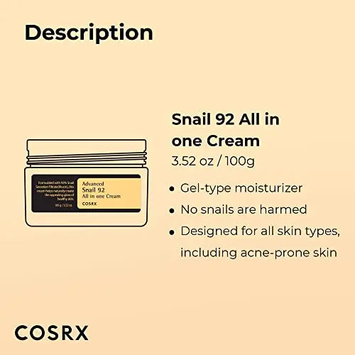 COSRX Snail Mucin 92% Moisturizer 3.52oz/ 100g, Daily Repair Face Gel COSRX Au supplements