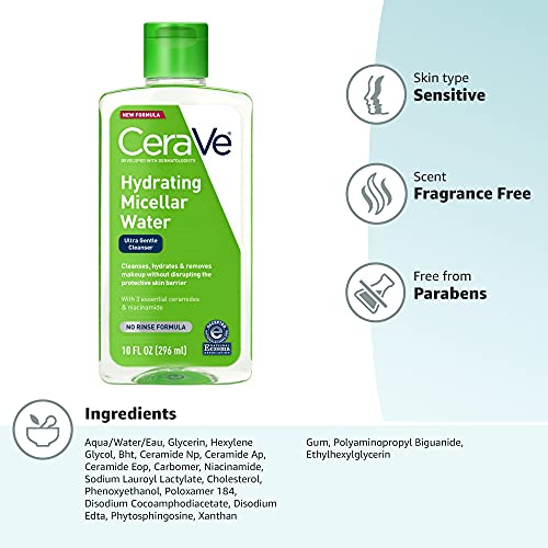CeraVe Micellar Water, Hydrating Facial Cleanser & Eye Makeup Remover with Niacinamide, Ceramides & Glycerin