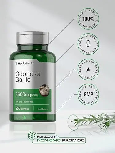 Odorless Garlic Softgels | 250 Count | Ultra Potent Garlic Extract | Non-GMO & Gluten Free Horbäach Au supplements