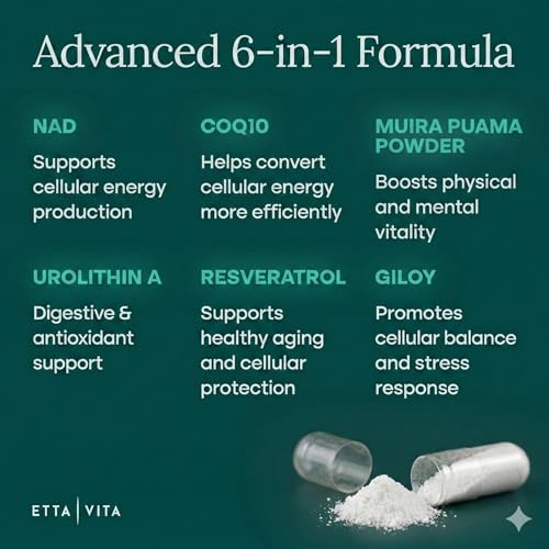 Liposomal NAD+ Supplement - Resveratrol, Urolithin A, CoQ10 & Muira Puama (Made in USA) NAD Supplement for Natural Energy, Brain Fog, Digestion, Detox, Gut Health, Microbiome, NR NMN Replacement Etta Vita Au supplements