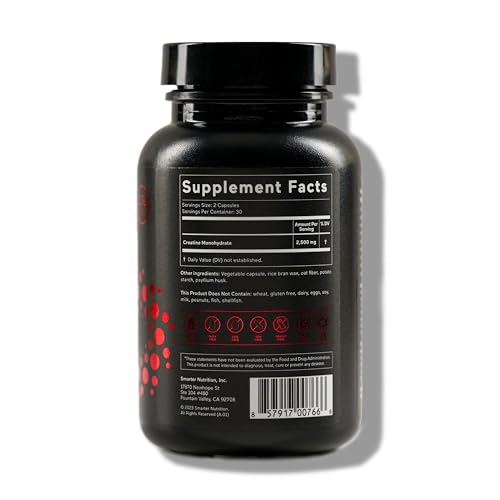 SMARTERNUTRITION Creatine Monohydrate Pills with 2500mg (2.5g) Per Serving, Vegan Capsules - Pre & Post Workout Recovery Support, Promotes Muscle Mass &. Endurance - 60 Count[30-Day Supply] SMARTERNUTRITION Au supplements