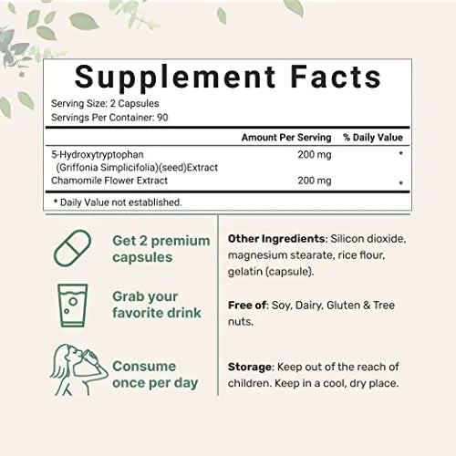 Micro Ingredients 5-HTP 200mg with Chamomile Flower Extract, 180 Capsules, 2 in 1 Formula Micro Ingredients Au supplements